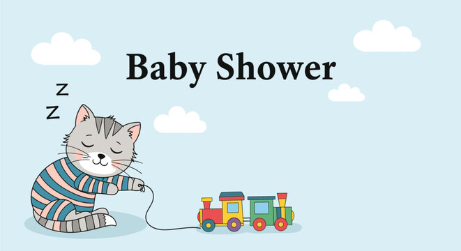Cute sleeping cartoon cat pulling a colorful toy train under a blue sky with clouds for baby shower invitation card.
