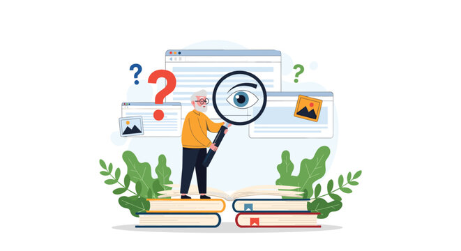 Senior researcher verifying information online using a giant magnifying glass over digital web pages and books.