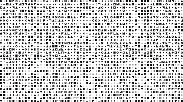 Abstract black and white geometric pixel pattern backdrop with chaotic tiny shapes symbols and elements for tech design