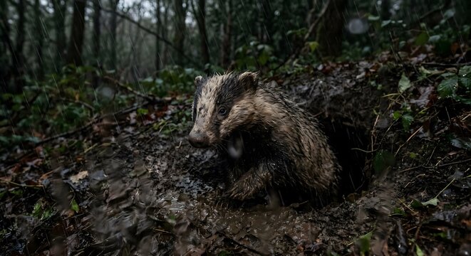European badger emerging from its sett in the forest during a heavy rain shower