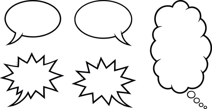 Blank comic speech bubbles set with black outline thought cloud and explosion burst icons isolated on white background