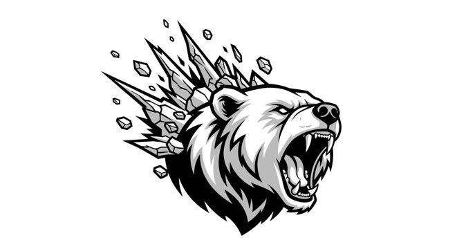 Roaring polar bear head with exploding ice shards.