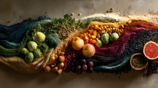 Colorful whole food nutrition spectrum featuring fresh produce grains seeds nuts Images