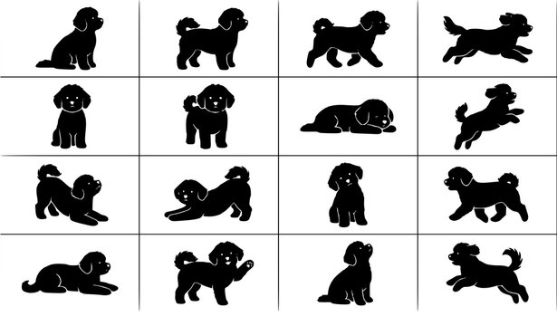 Bichon Maltese Dog Silhouettes Collection with Various Standing Sitting and Running Poses Vector Set