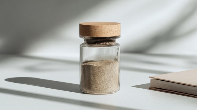 Microplastic water sample jar with filter paper and lab notebook on white surface