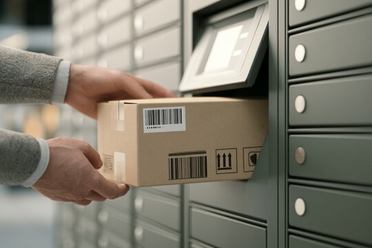 Person placing parcel into parcel return locker compartment