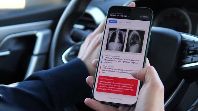 a user reviewing a patients thoracic assessment and official diagnosis. The interface highlights structural discontinuity and a red urgent care warning. Ideal for illustrating medical emergencies