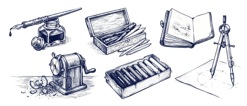 Vintage drawing tools art supplies set with inkwell dip pen, pencil box, sharpener, sketch book, pastels and divider compass. Hand drawn retro engraving style monochrome line art vector illustration.
