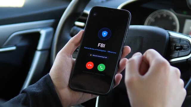 Dramatic incoming call from the FBI on a smartphone inside a vehicle. High-stakes mystery and government security concept. Ideal for crime thrillers, law enforcement documentaries, and official