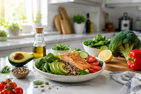 Cozinha vibrante com refei&ccedil;&atilde;o saud&aacute;vel