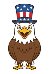 Fototapeta premium Cartoon bald eagle wearing a tall uncle sam hat for independence day.
