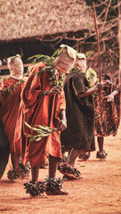 Obraz premium Traditional masked dancers perform during a cultural ceremony in the Babungo Kingdom of northwestern Cameroon. Wearing distinctive costumes, face coverings, and ankle rattles