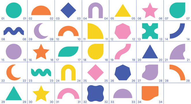 Set of colorful geometric shapes, abstract design elements for graphic design, flat vector icons