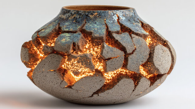 Cracked ceramic vase with glowing embers