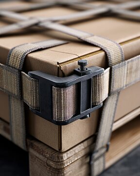 Close-up of cargo strap tensioner securing cardboard box on pallet