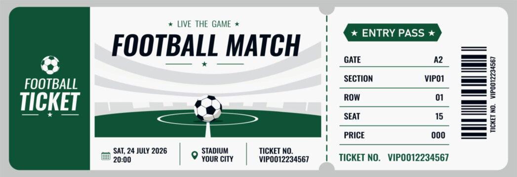Football Match Ticket. Modern vector football championship ticket with space for text in a light color palette. Use for sporting events, tournaments, fan zones, clubs, promotions, football invitations
