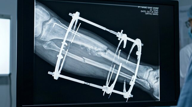 X-ray of a fractured tibia and fibula with external fixation device.