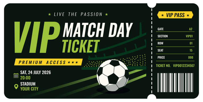 Football VIP Ticket. Modern vector football ticket template with space for text. For sporting events, championships, tournaments, fan zones, clubs, promotional materials, football invitations
