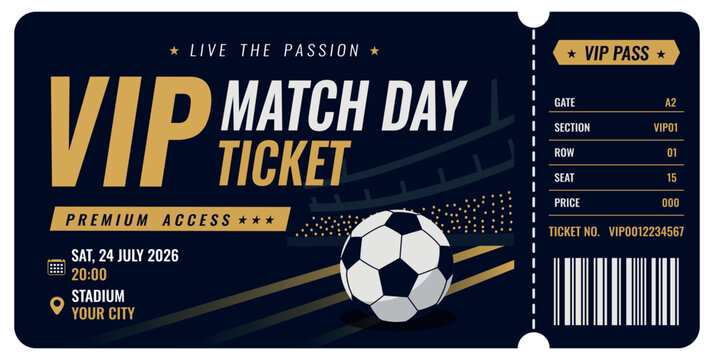 Football VIP Ticket. Modern vector football ticket template with space for text. Ideal for sporting events, championships, tournaments, fan zones, clubs, promotional materials, football invitations