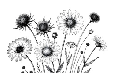 Obraz premium Black and white dandelion flowers in artistic line drawing style