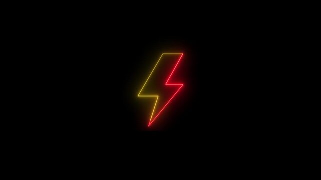 Neon red and yellow color battery charging power fast animation icon on black background.  Neon lightning bolt, glowing sign.