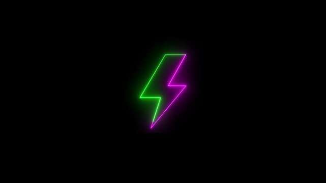 Neon green and pink color battery charging power fast animation icon on black background.  Neon lightning bolt, glowing sign.