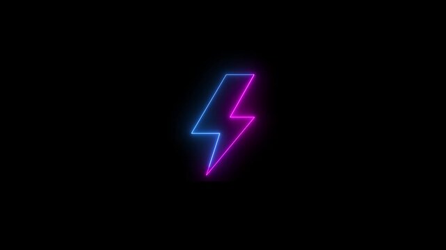 Neon blue and pink color battery charging power fast animation icon on black background.  Neon lightning bolt, glowing sign.