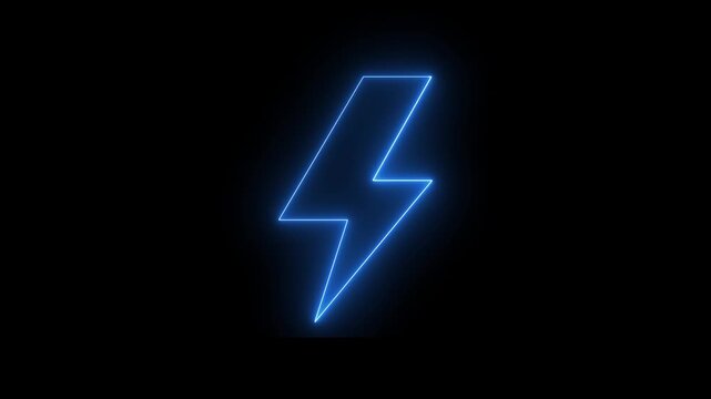 Neon blue color battery charging power fast animation icon on black background.  Neon lightning bolt, glowing sign.