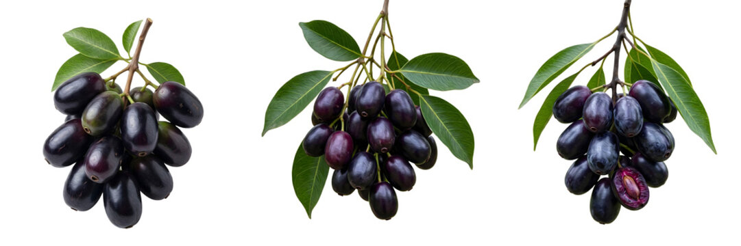 Fresh Jamun Fruit Clusters: Professional Photography of Ripe Purple Syzygium Cumini Berries with Green Leaves, Isolated on White Background for Healthy Food Concepts