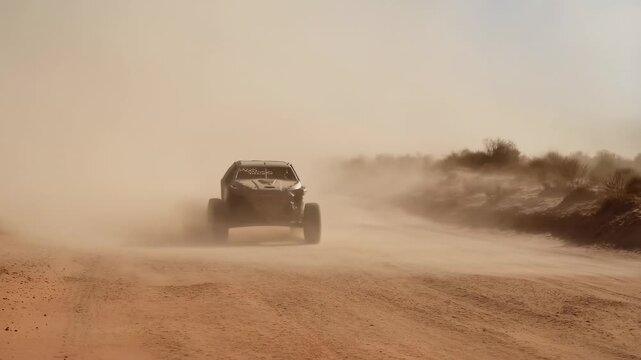 Thrilling offroad adventure with a powerful buggy racing through dusty desert terrain