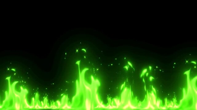 Glowing green flames rising and flickering against a dark background