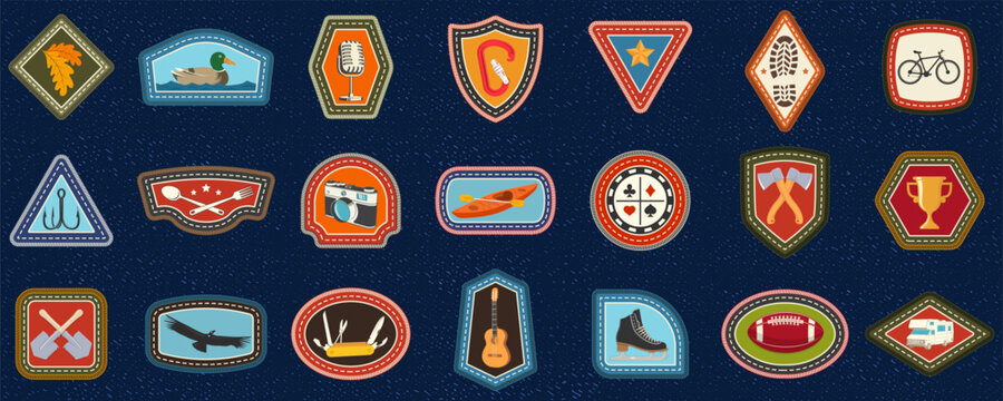 Vintage Outdoor Adventure Patch Collection. Retro Embroidered Camping, Hiking and Recreation Badge Set Vector Illustration. Classic Travel, Wildlife and Outdoor Activity Patches for Apparel, Branding