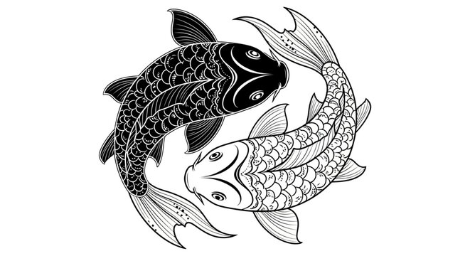 Stylized black and white koi fish symbol of balance and harmony design