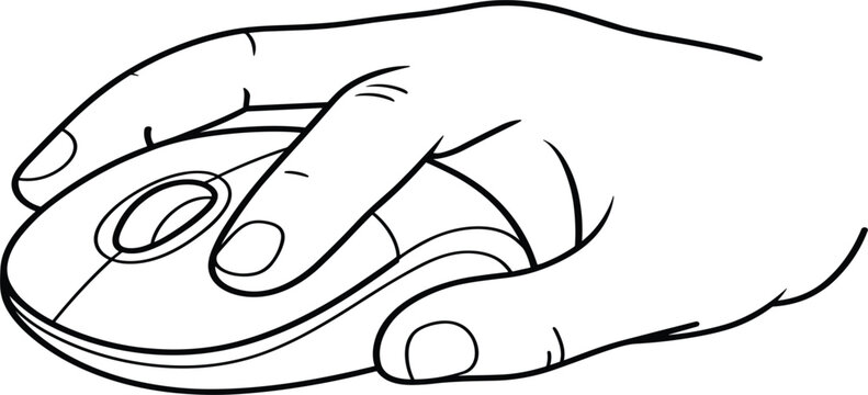 Hand holding a computer mouse in a simple line drawing style on a white background device