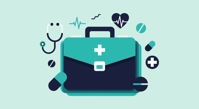 Medical First Aid Kit Illustrated Heartbeat And Pills In Modern Flat Design Style
