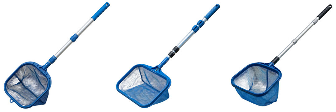 Telescopic Swimming Pool Skimmer Nets: Set of Three Professional Blue Mesh Cleaning Tools with Adjustable Aluminum Handles, Isolated on White Background for Maintenance