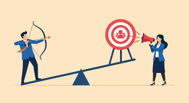 Business team using lever to aim bow and arrow at target with people icon symbolizing focused customer acquisition and marketing precision for new sales.