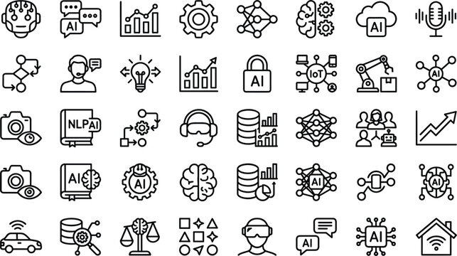 Artificial Intelligence and Machine Learning Outline Icon Collection Featuring Automation Analytics Innovation and Smart Technology