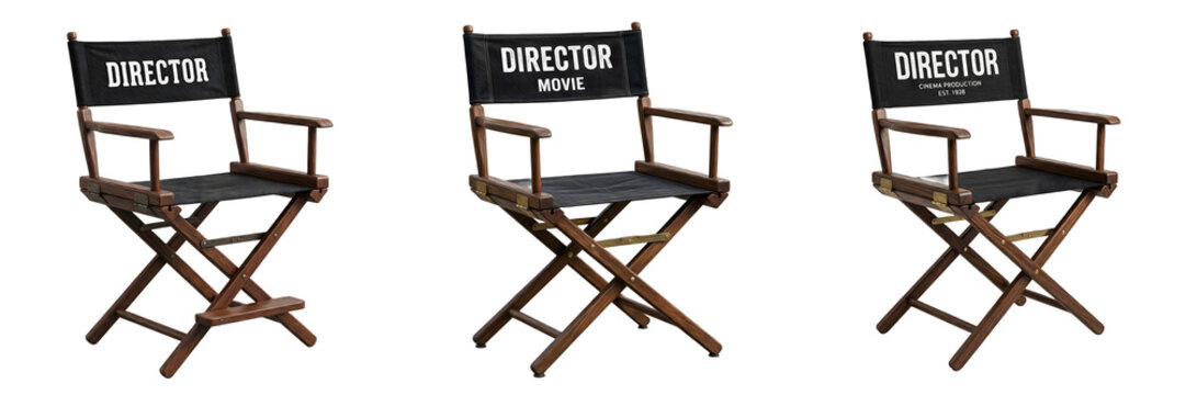 Classic Wooden Director Chairs: Professional Film Production Equipment Collection with Black Canvas Seats, Isolated on White Background for Cinema and Set Decoration