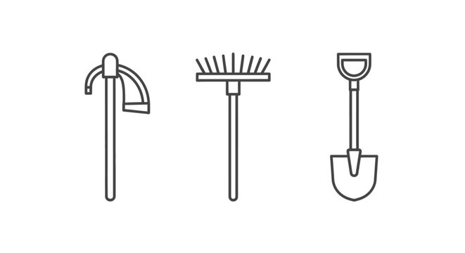 Outlined garden tools hoe rake and shovel set against white background