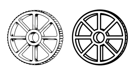 Obraz premium Detailed sketches of spoked wheels with central hubs on a white background