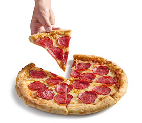 Obraz premium Hand Taking a Slice of Freshly Baked Pepperoni Pizza Isolated on White background