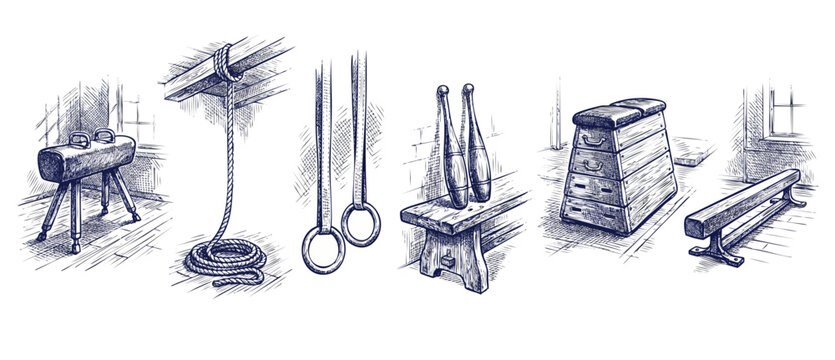 Vintage gymnastics equipment sketch set featuring hand drawn retro gym apparatus drawings including pommel horse, climbing rope, gymnastic rings, vaulting box, balance beam, and old school sports gear