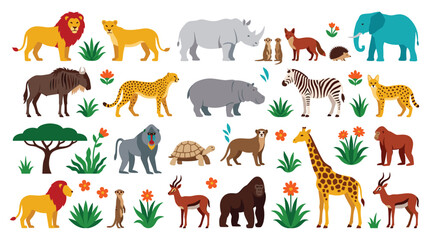 African savanna animals and flora colorful illustration. © Amir