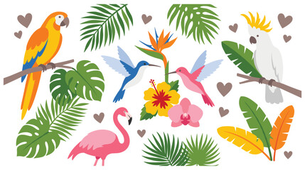Tropical birds and exotic plants colorful illustration. © Amir