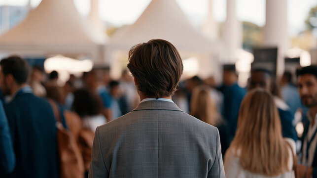 Wide crowd scene at a cybersecurity industry career fair with job seekers and recruiters gathered at company booths, skills shortage awareness, workforce pipeline event, autumn