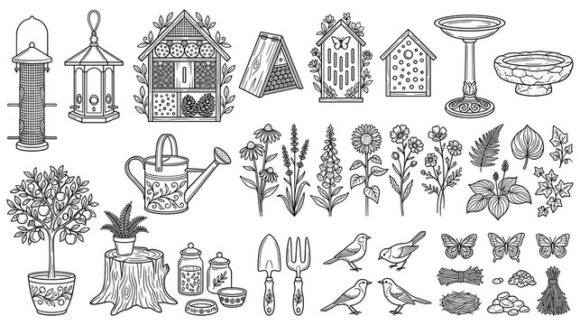 Bird feeder and garden decorations line art.