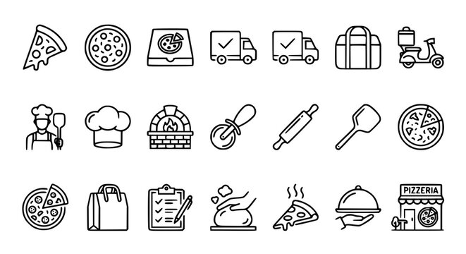 Premium Pizza Outline Icons with Slice Delivery Oven Chef and Culinary Restaurant Symbols