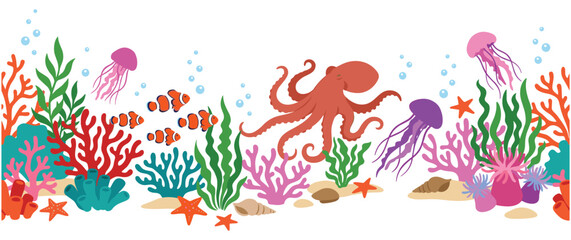 Underwater ocean scene with diverse marine life. © Amir
