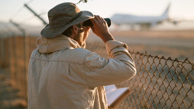 aviation enthusiast standing at airport perimeter fence binoculars raised tracking wide-body jet on final approach notebook open flight logging planespotting hobby afternoon